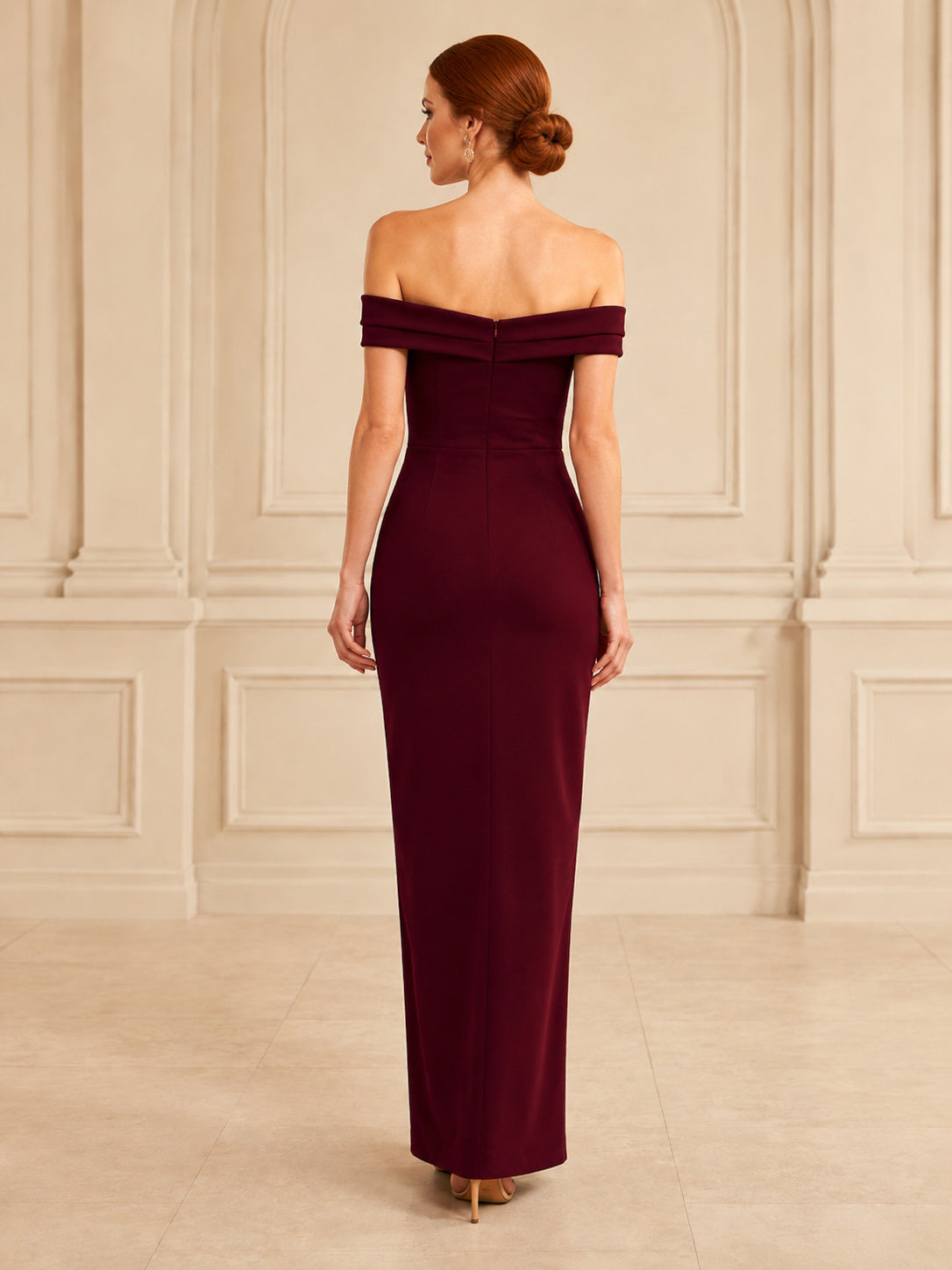 Burgundy Off-the-shoulder Column Formal Gown back view