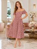 Dusty Rose Floral Off Shoulder A Line Tea Length Party Dress front view