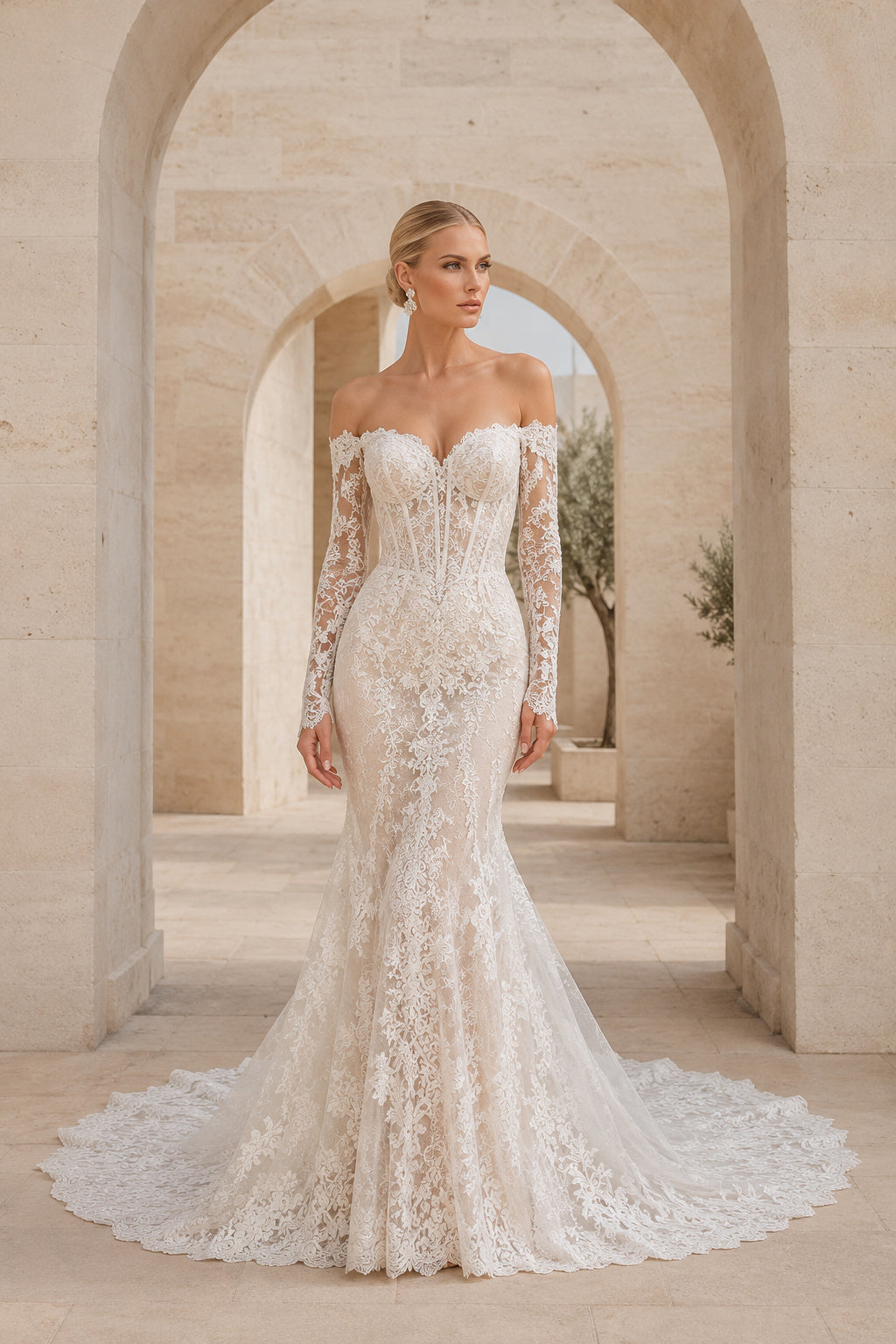 Long Sleeve Lace Mermaid Wedding Dress with Chapel Train Style 720596 front view