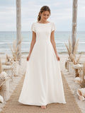 Affordable Bateau Short Sleeve Beach A-Line Wedding Dress front view
