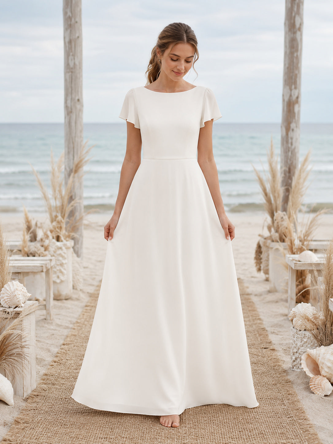 Affordable Bateau Short Sleeve Beach A-Line Wedding Dress front view