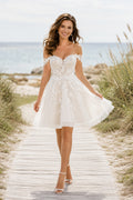Off Shoulder Lace Mini Beach Wedding Dress front view