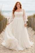 Ivory Plus Size Square Neck Long Sleeve Lace A-Line Wedding Dress with Full Tulle Train front view