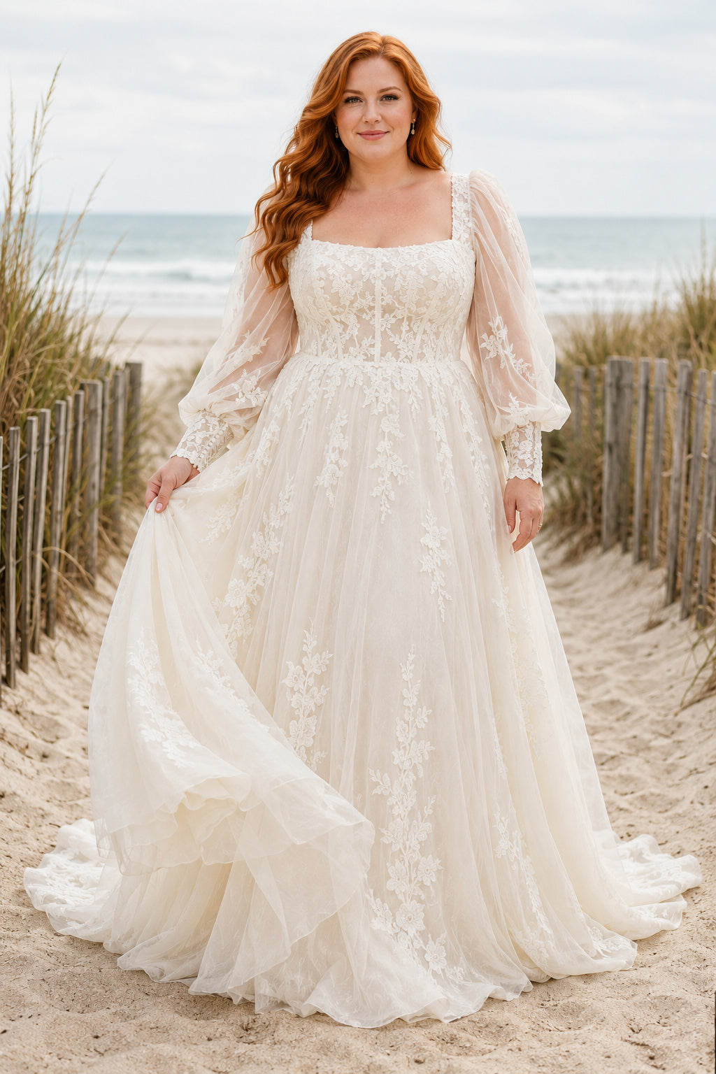 Ivory Plus Size Square Neck Long Sleeve Lace A-Line Wedding Dress with Full Tulle Train front view