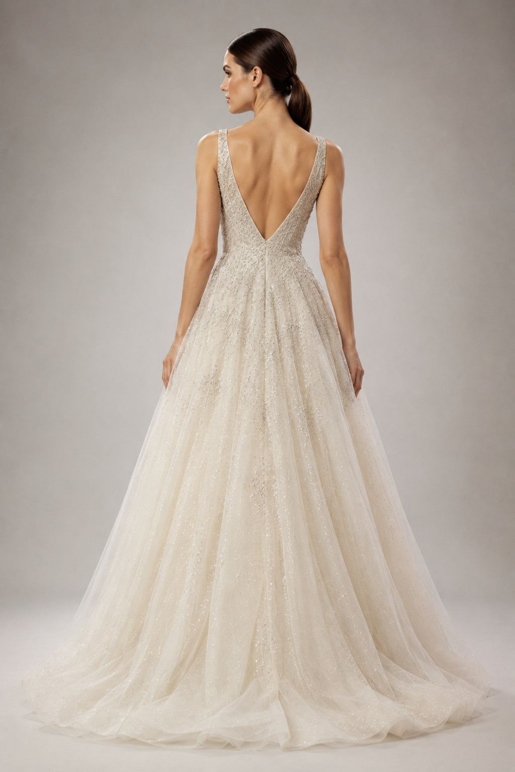 V-Neck Lace Tulle A-Line Wedding Dress with Sweep Train back view
