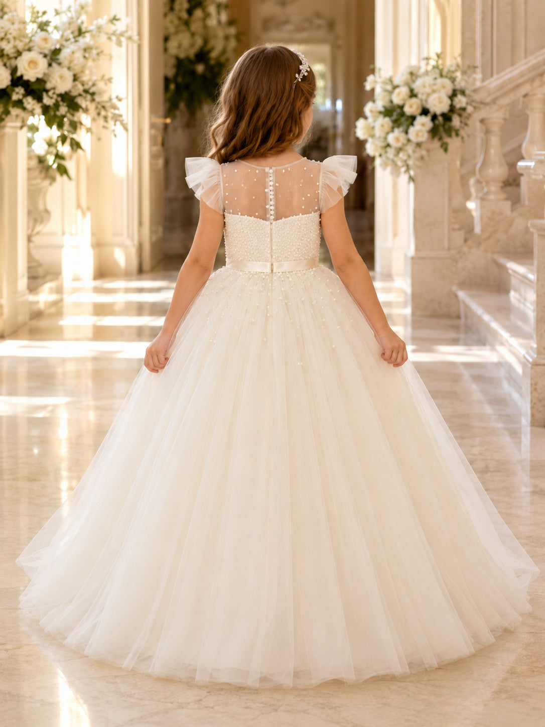 Luxury Tulle Floor-Length Ball Gown Sweetheart Beaded Flutter Sleeve Flower Girl Formal Wedding Dress back view