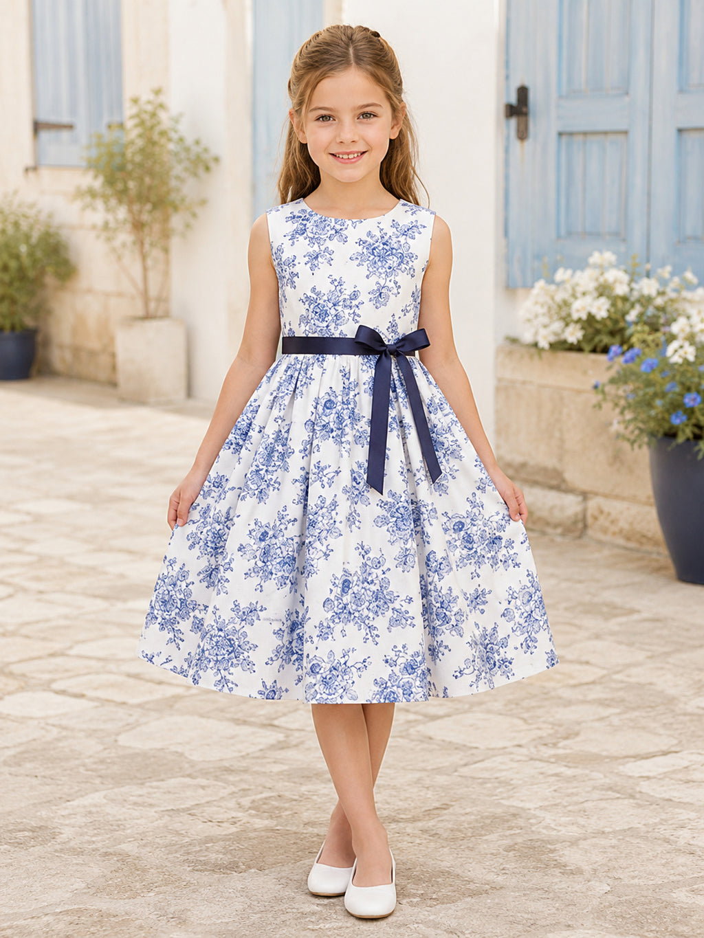 Steel Blue Floral Print Cotton A-Line Flower Girl Dress with Navy Sash and Tea-Length Skirt front view