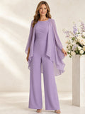 Lavender Mother Jumpsuit with Jewel Neck Ruched Bodice Cape and Wide Leg Pants front view