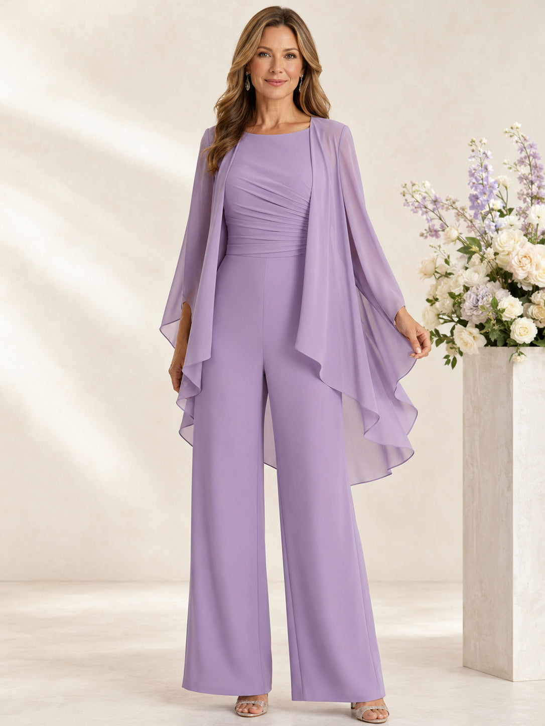 Lavender Mother Jumpsuit with Jewel Neck Ruched Bodice Cape and Wide Leg Pants front view