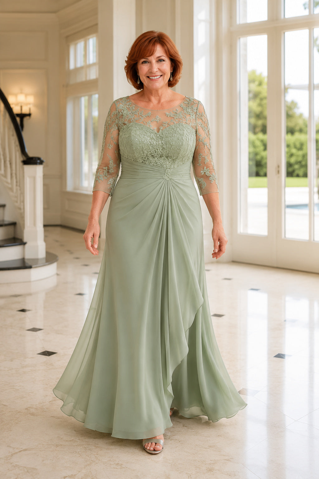 Sage Chiffon A-Line Mother Dress with Lace Illusion Three Quarter Sleeves front view