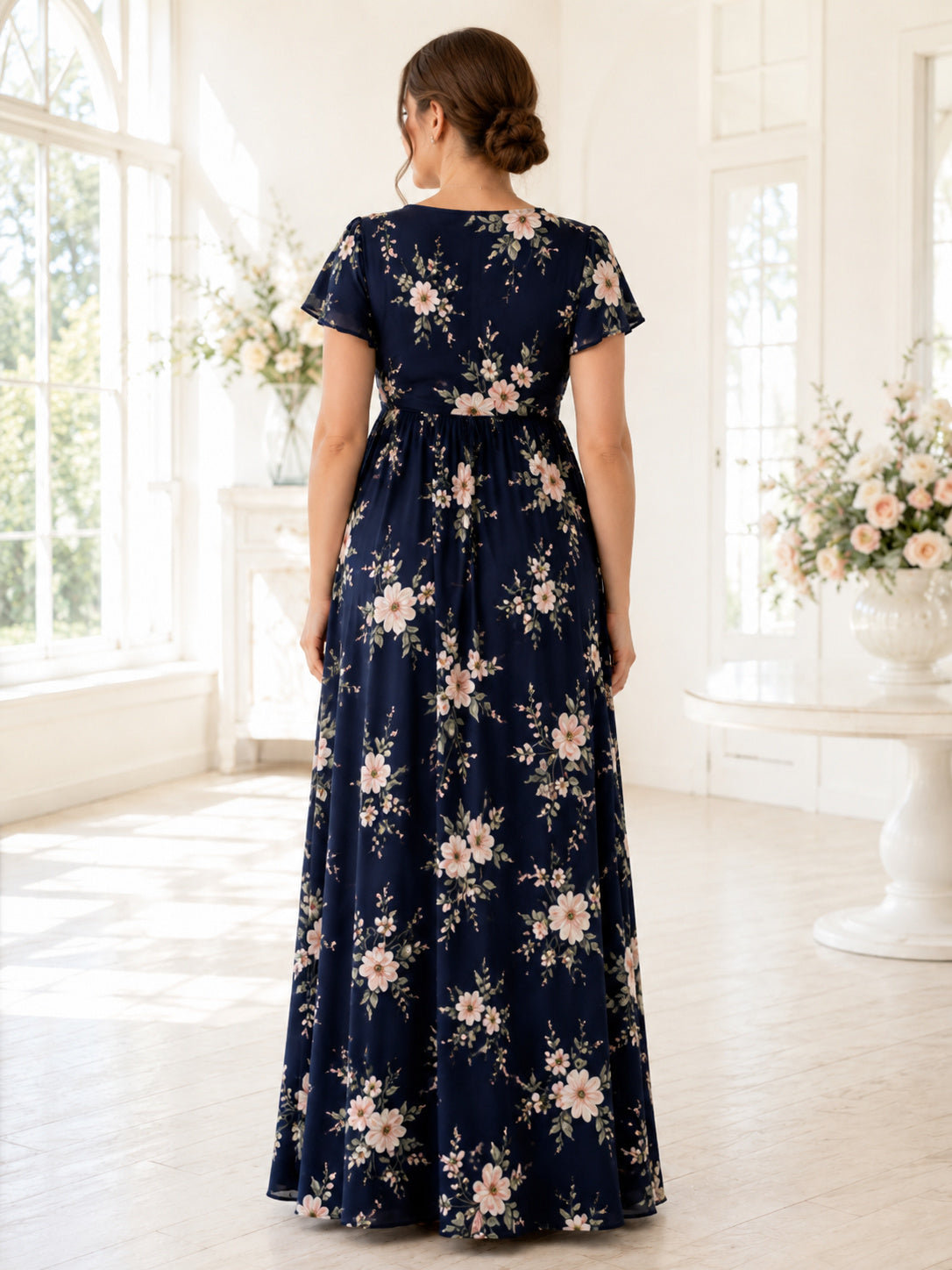 Dark Navy Floral Maternity V-Neck Flutter Sleeve Floor Length Evening Dress back view