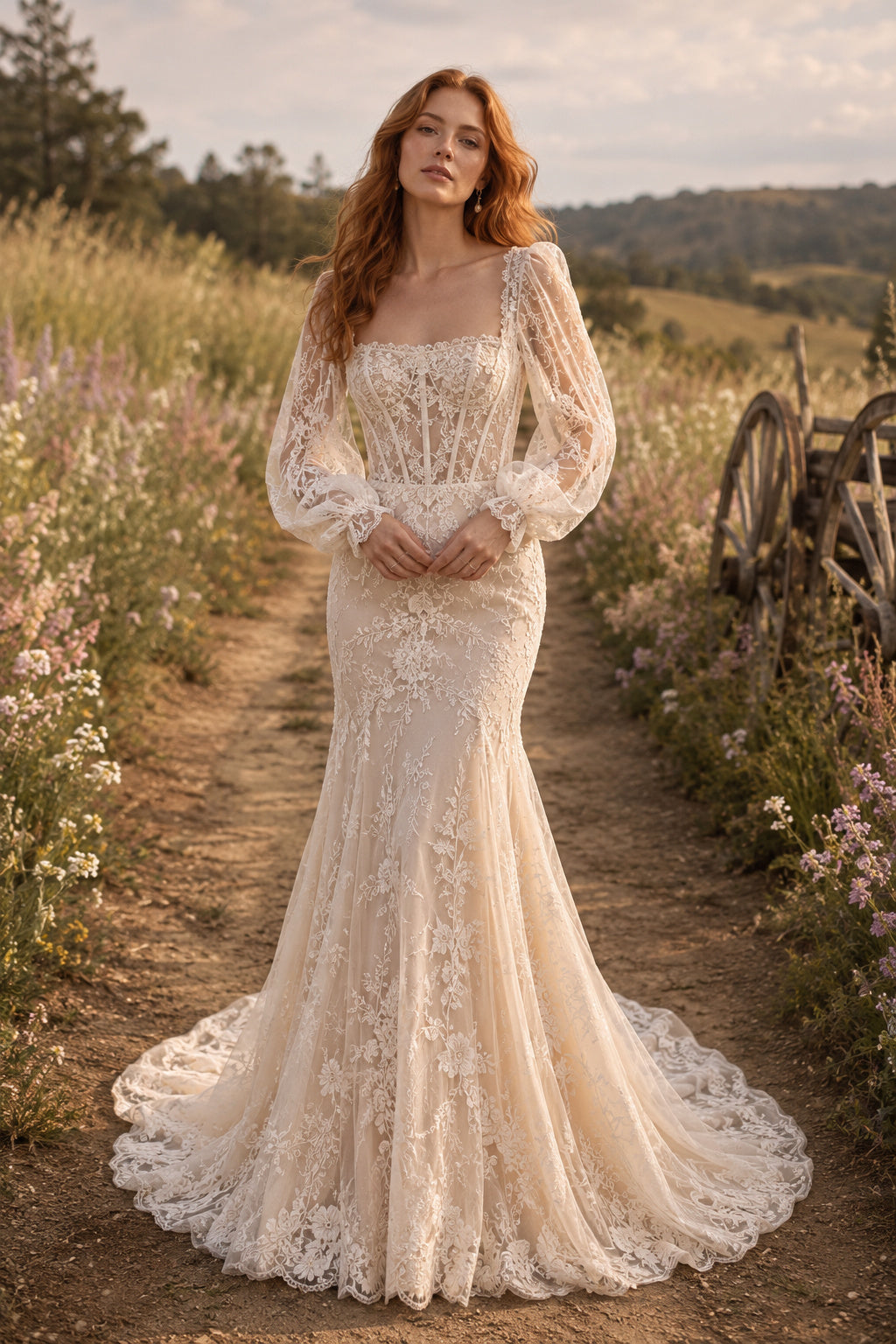 Square Neck Long Sleeve Mermaid Wedding Dress with Lace Overlay and Sweep Train for Rustic Garden Ceremony Style MG_700671 fr