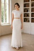 White Jewel Short Sleeves Two-Piece Lace Floor-length Wedding Dress With Lace and Two-Piece