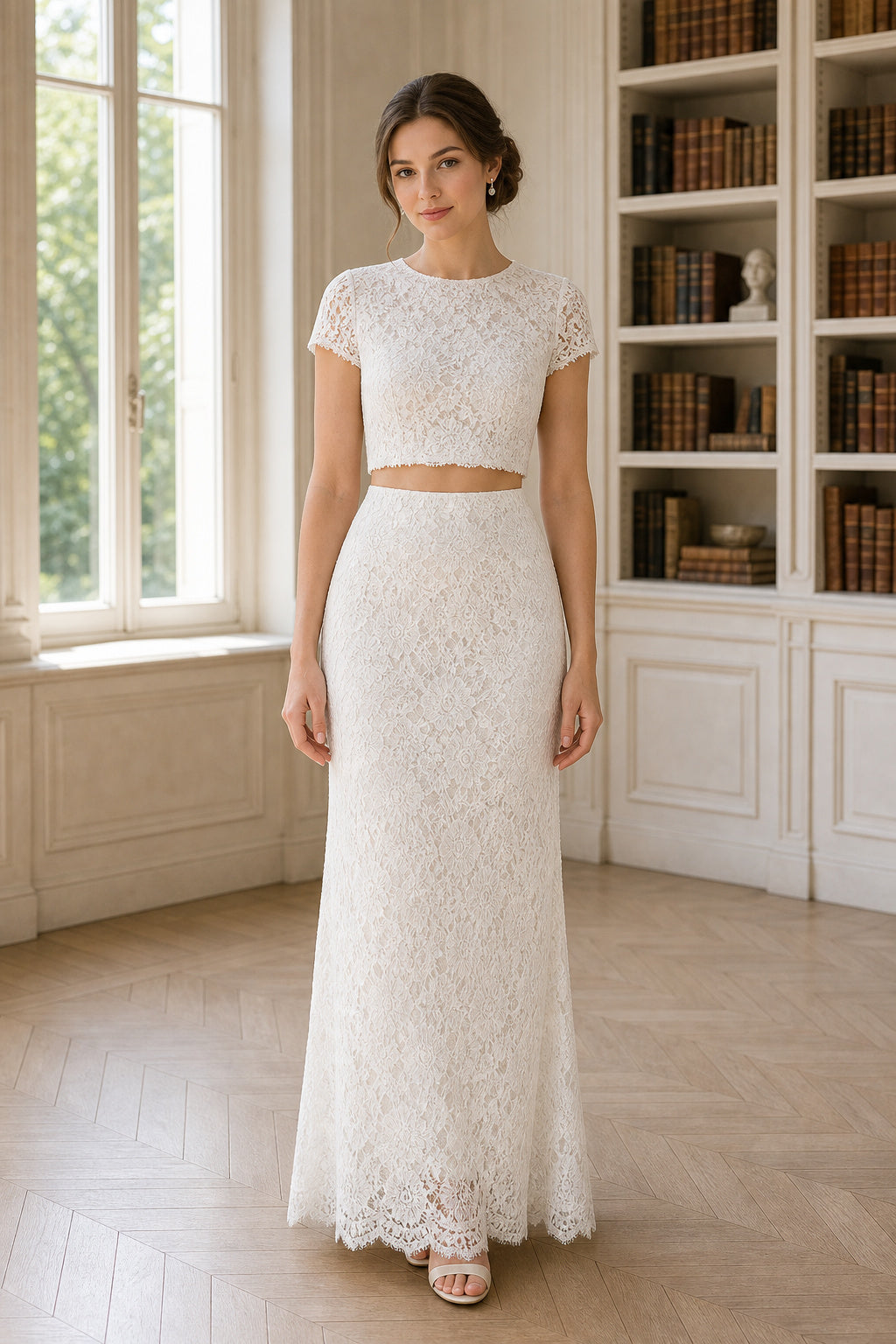 White Jewel Short Sleeves Two-Piece Lace Floor-length Wedding Dress With Lace and Two-Piece