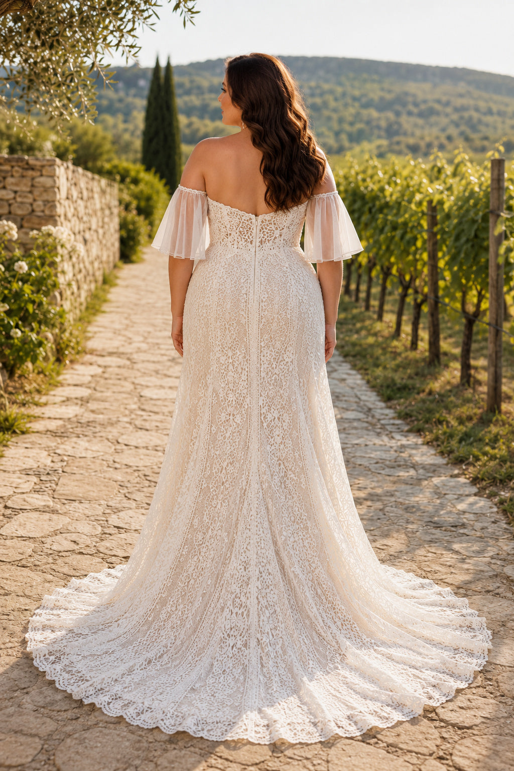 Plus Size Ivory Off-the-Shoulder Sweetheart Flutter Sleeve Lace Tulle Mermaid Wedding Dress with Flutter Sleeves and Lace Mer