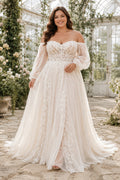 Ivory Plus Size Off-the-Shoulder Lace A-Line Wedding Dress with Long Sleeves and Slit front view