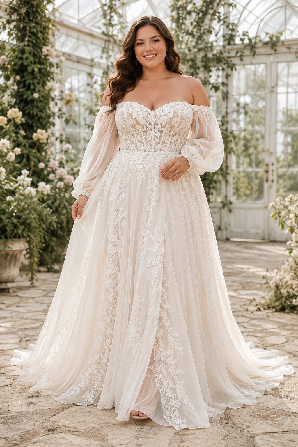 Ivory Plus Size Off-the-Shoulder Lace A-Line Wedding Dress with Long Sleeves and Slit front view