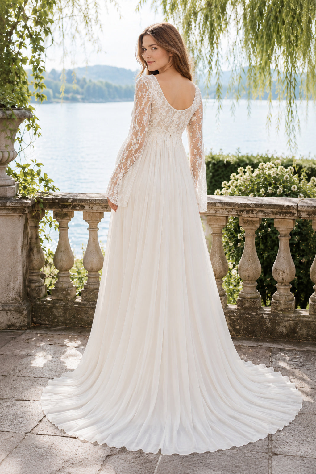 Ivory Long Sleeve Lace Maternity Wedding Dress with Scoop Neck and Train back view