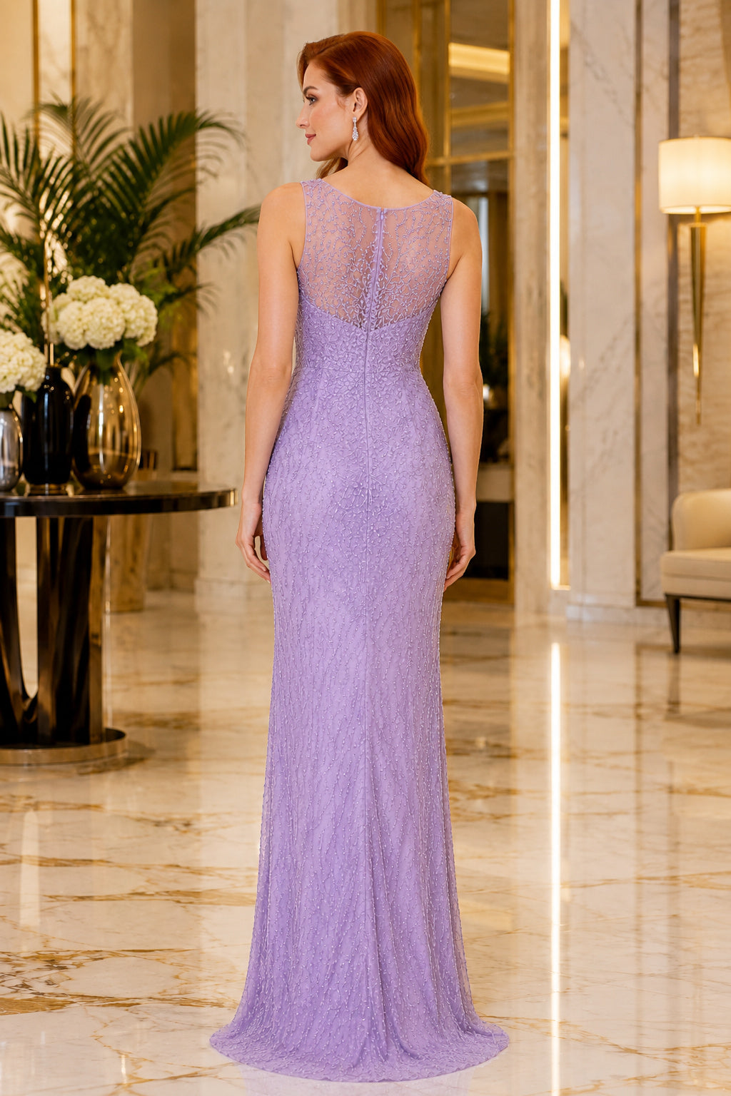 Lavender Jewel Neck Lace Sequin Sheath Formal Dress with Illusion Back back view