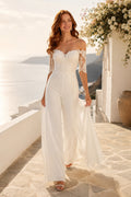 White Off-the-Shoulder Lace Sleeve Bridal Jumpsuit front view