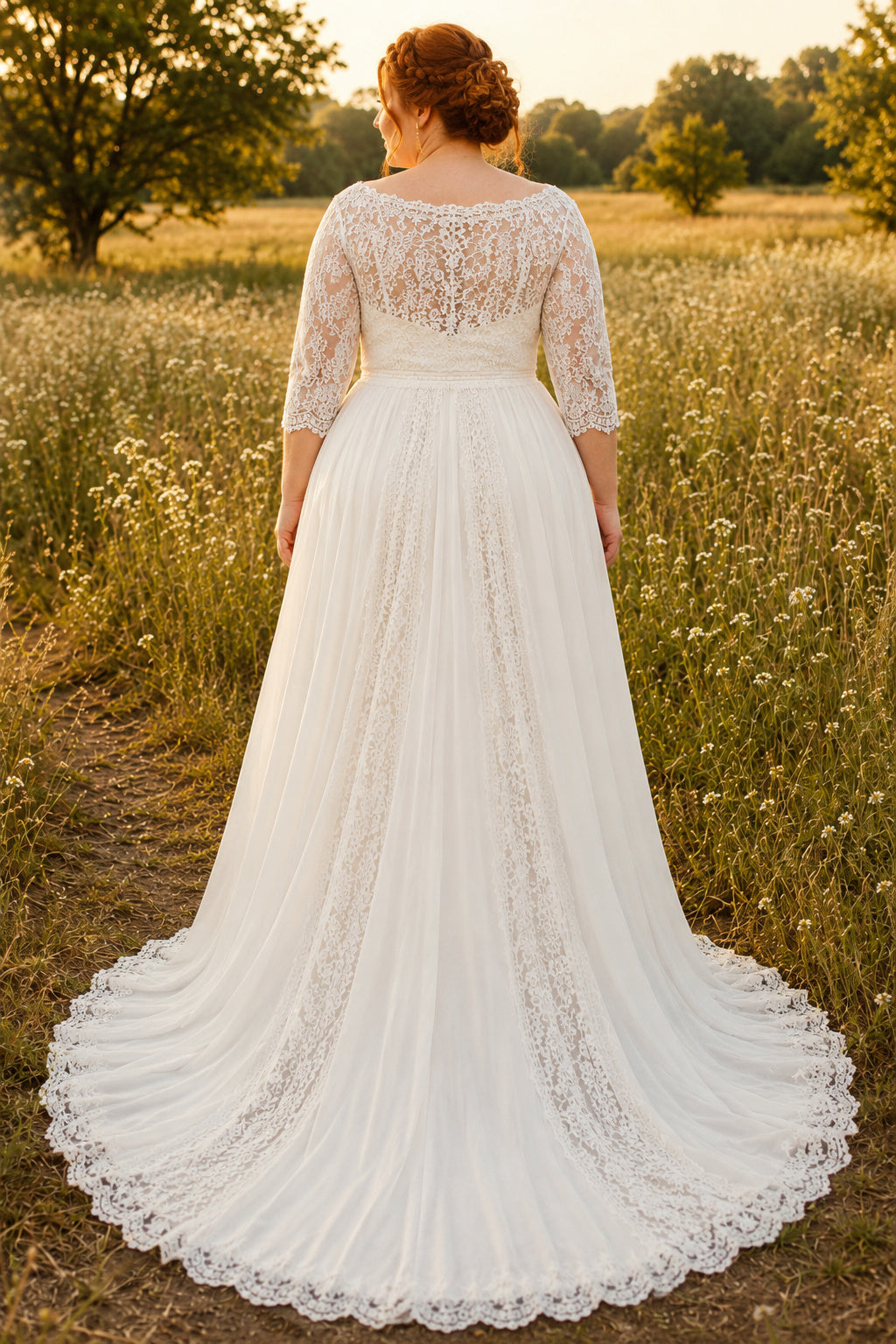 Plus Size Ivory Illusion Jewel Neck Three-Quarter Sleeve Lace Tulle A-Line Wedding Dress with Three-Quarter Lace Sleeves and