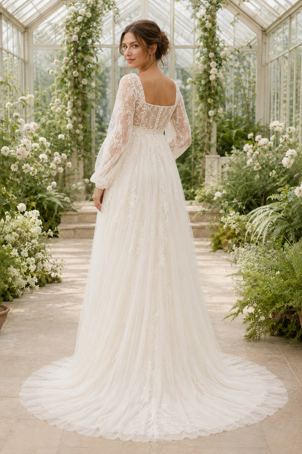 Ivory Square Neck Long Sleeve Maternity Wedding Dress with Tulle Skirt back view