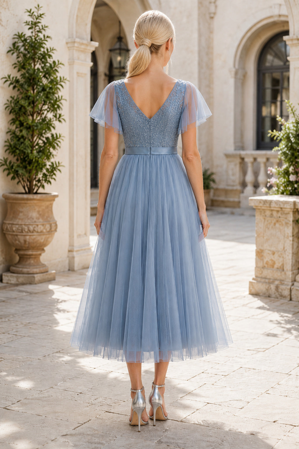 Sky Blue V-Neck Tea-Length Tulle Dress with Flutter Sleeves back view