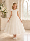 White Sequin Tulle Jewel Neck Short Cap Sleeve Sequin Accent Ankle Length Communion Flowergirl Dress front view