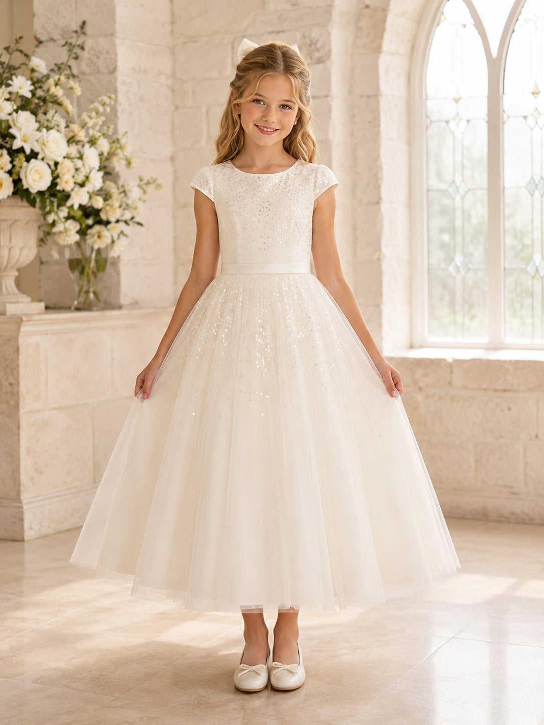 White Sequin Tulle Jewel Neck Short Cap Sleeve Sequin Accent Ankle Length Communion Flowergirl Dress front view