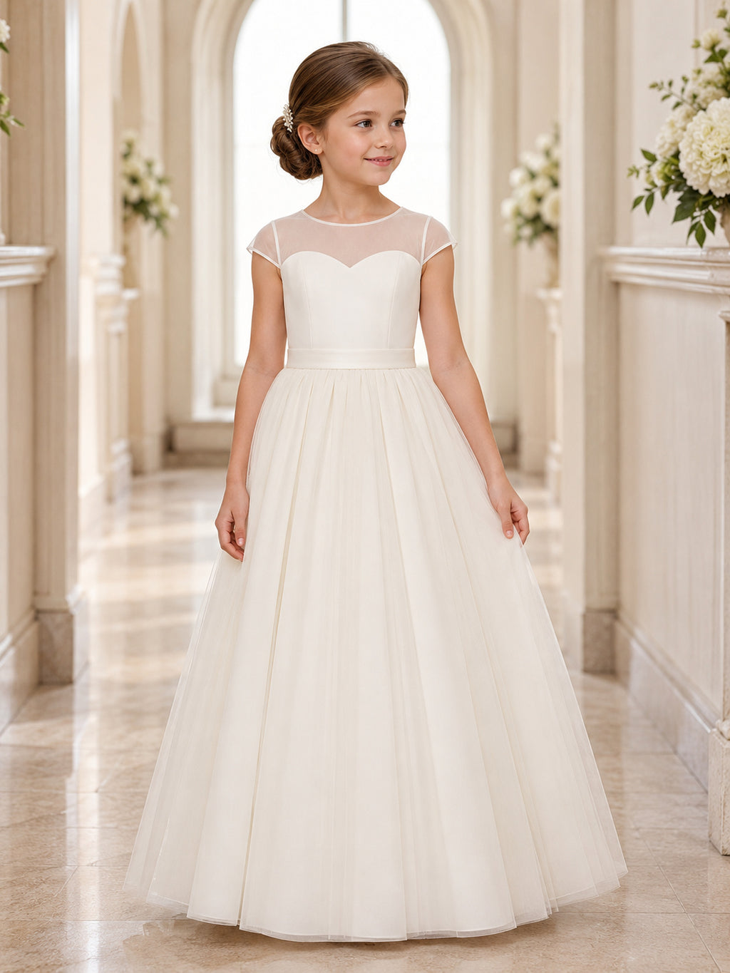 Flower Girl Dress Ivory Tulle A-Line Sleeveless Jewel Neck Floor Length Floral Applique front view