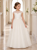 Flower Girl Dress Ivory Tulle A-Line Sleeveless Jewel Neck Floor Length Floral Applique front view