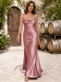 Pearl Pink Satin Sheath Cowl Neck Spaghetti Strap Draped Low Back Floor-Length Bridesmaid Dress Style 109117 front view