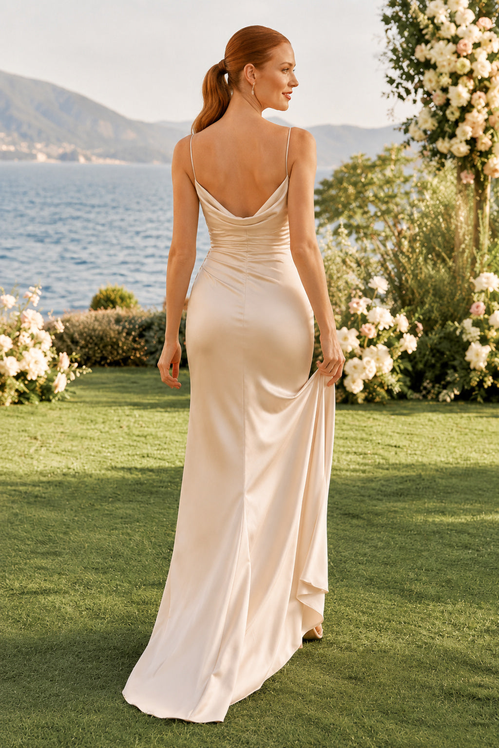 Champagne Cowl Neck Satin Sheath Wedding Dress with Ruching and Low Open Back back view