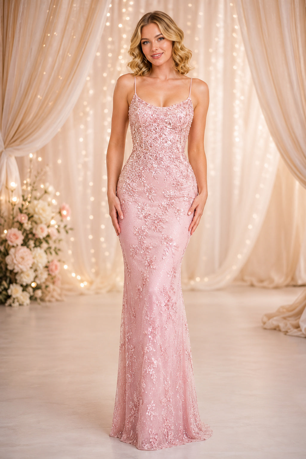 Plus Size Pearl Pink Spaghetti Strap Lace Mermaid Formal Gown with Floral Applique front view