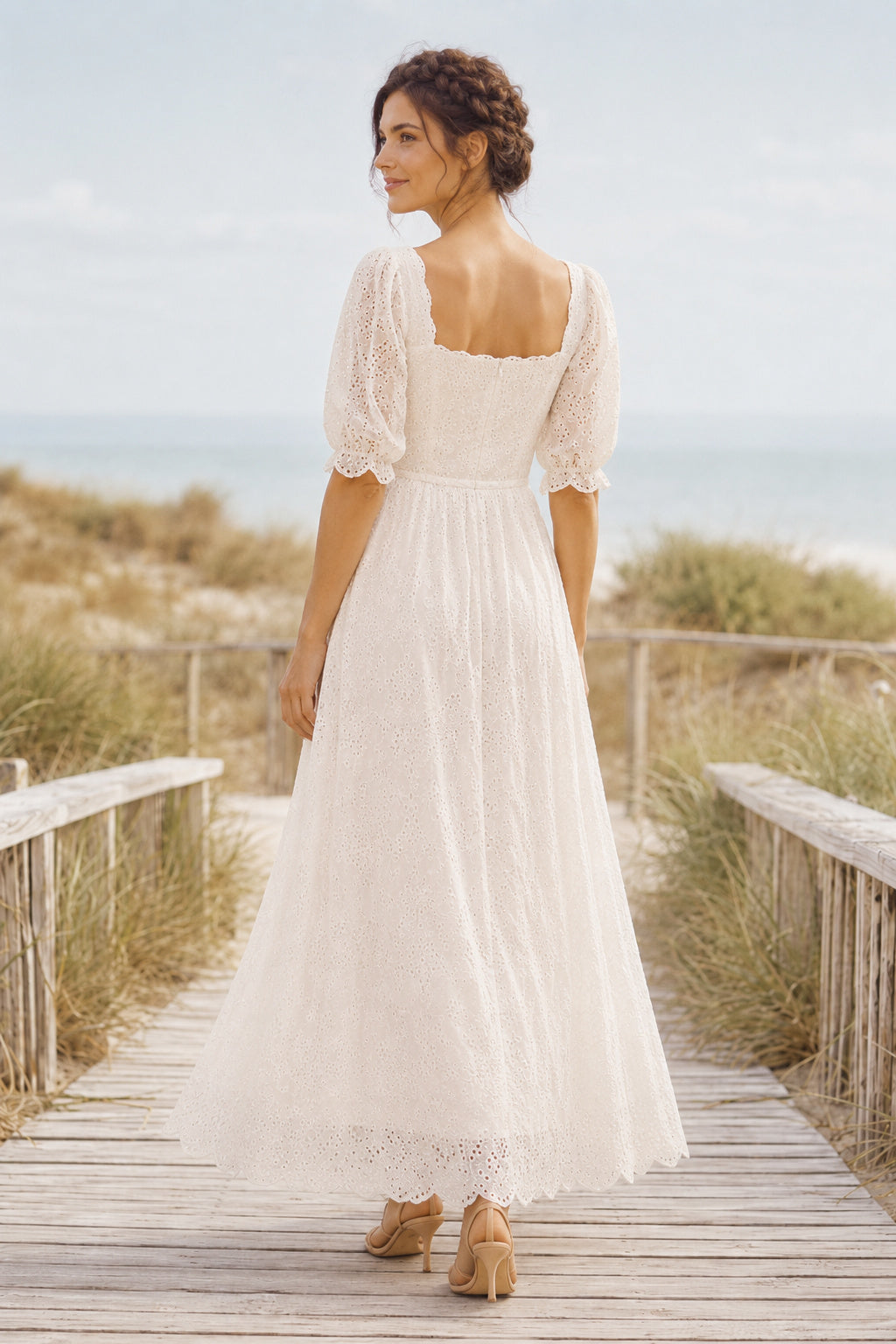 Square Neck Tea-Length Tulle Wedding Dress with Puff Sleeves and Lace Trim back view