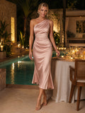 Blush Satin One Shoulder Draped Honeymoon Dinner Midi Dress front view