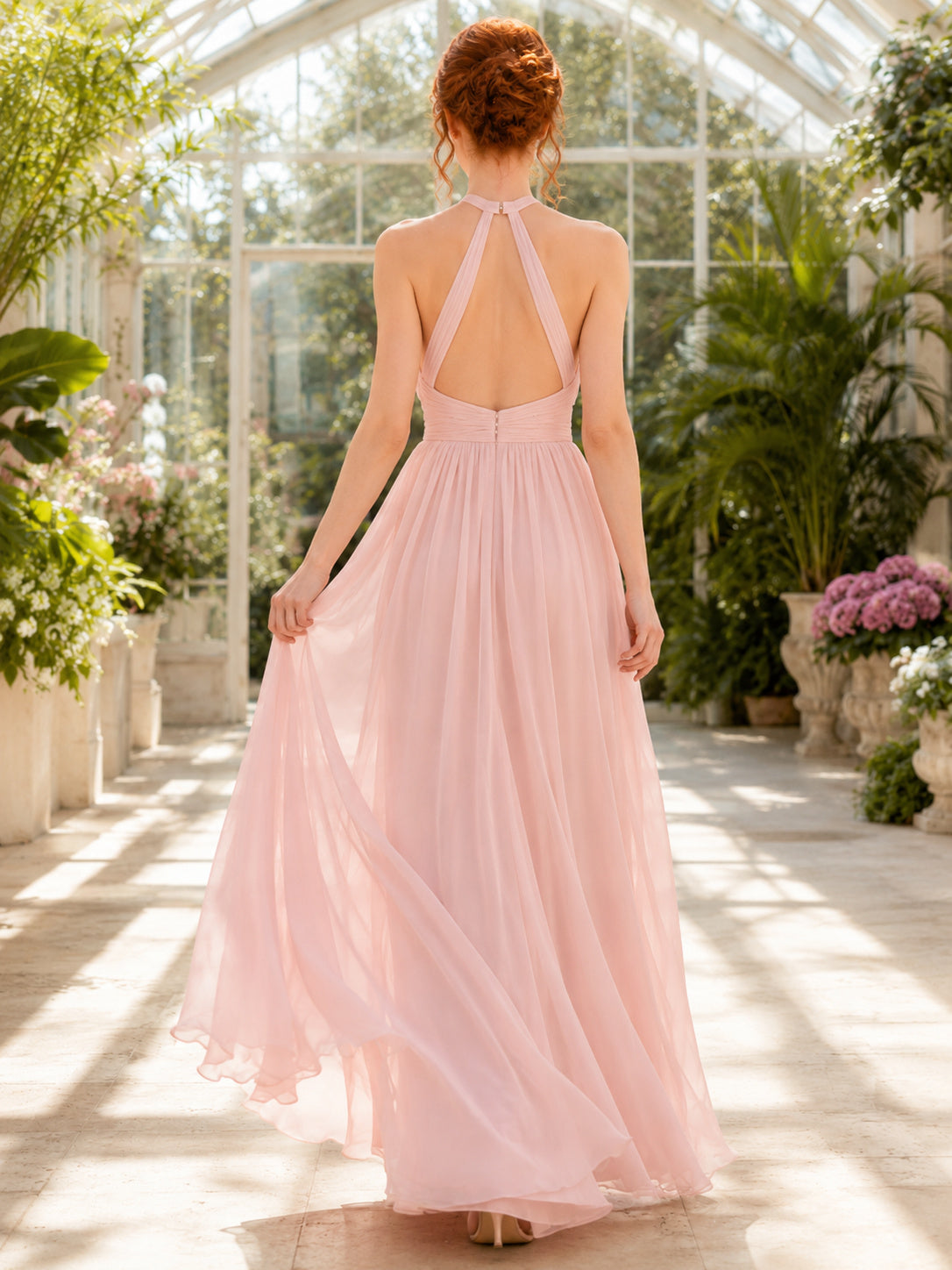 Blush Tulle Halter Keyhole A-Line Evening Dress back view