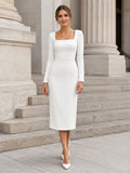 Courthouse Minimalist Square Neck Long Sleeve Satin Sheath Tea Length Wedding Dress front view