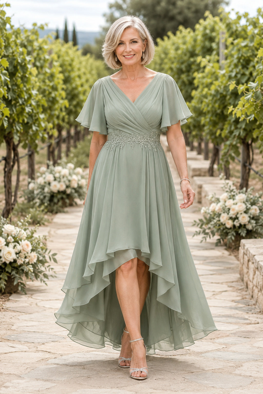 Sage V-Neck High Low Mother Dress with Flutter Sleeves and Draped Chiffon Skirt for Evening Reception front view