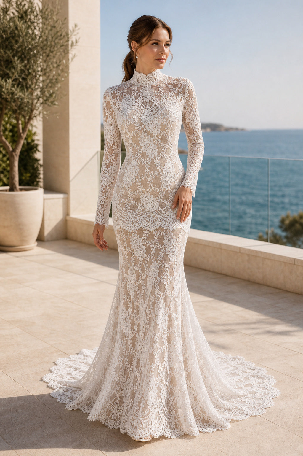 White V-neck Long Sleeves A-Line Satin Floor-length Wedding Dress With Open Back and Lace Bodice