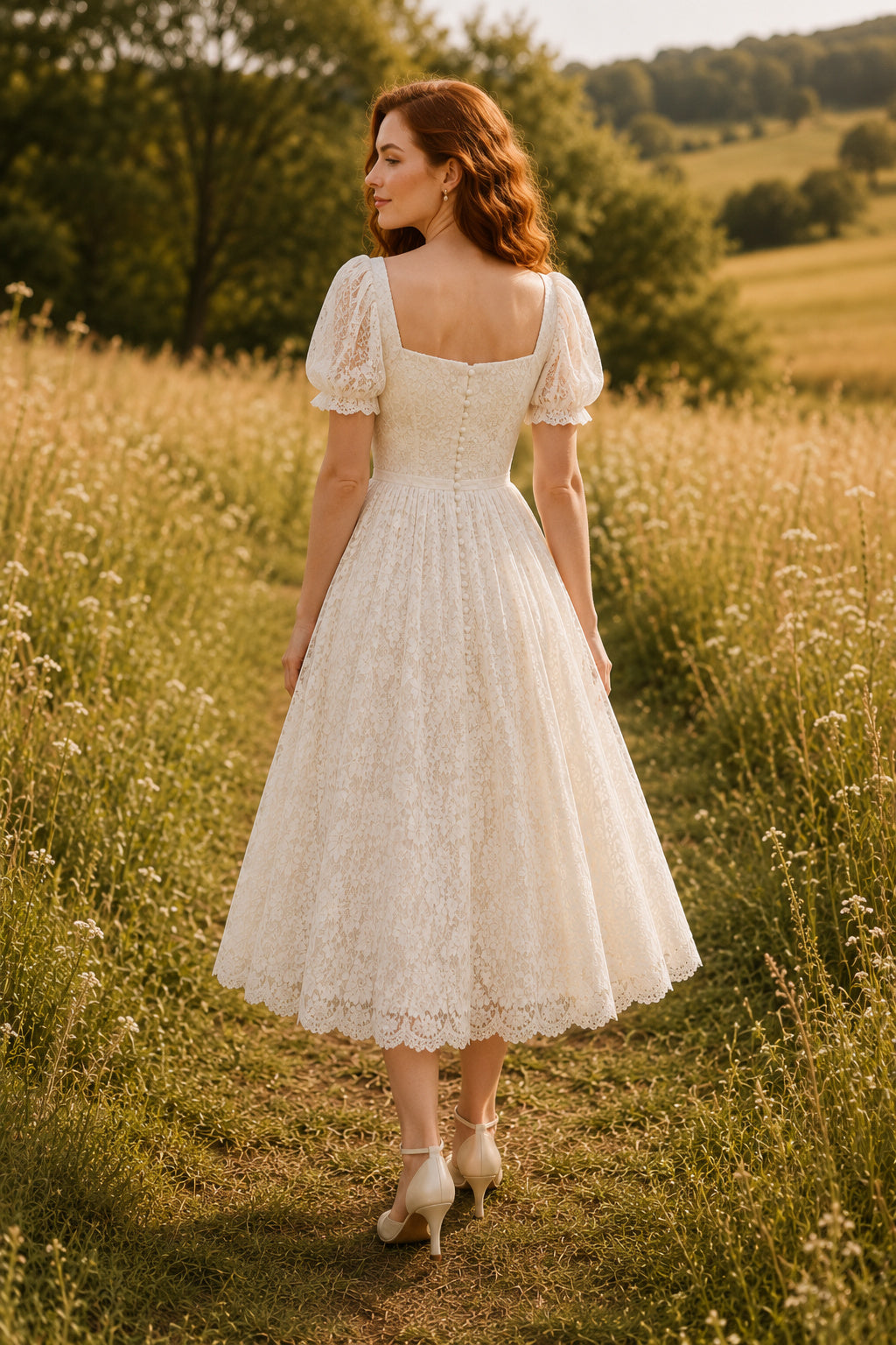 Ivory Square Neck Puff Sleeve Lace Tulle Tea-Length Wedding Dress with Puff Sleeves and Lace Midi Skirt back view