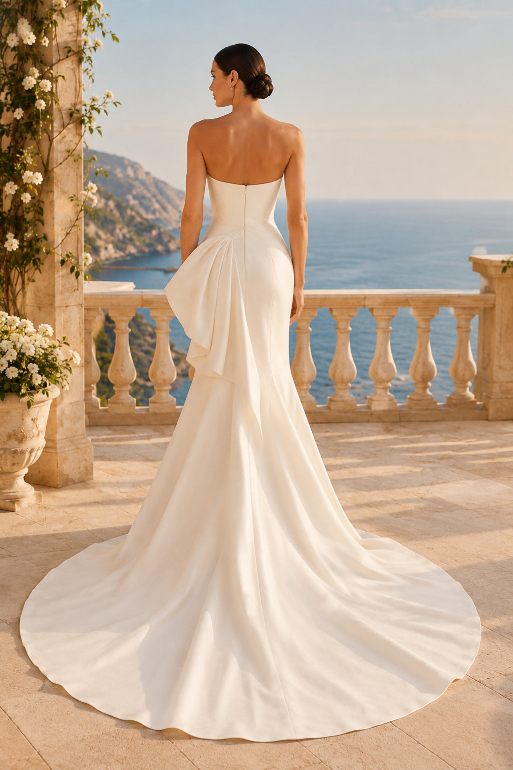 Satin Wedding Dress Mermaid Strapless Sweetheart Sweep Train Bridal Gown Style 721269 back view
