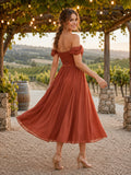 Papaya Country Vineyard Wedding Guest Cocktail Dress A-Line Tea-Length Off-Shoulder Sweetheart Neck Short Sleeve Chiffon Plea