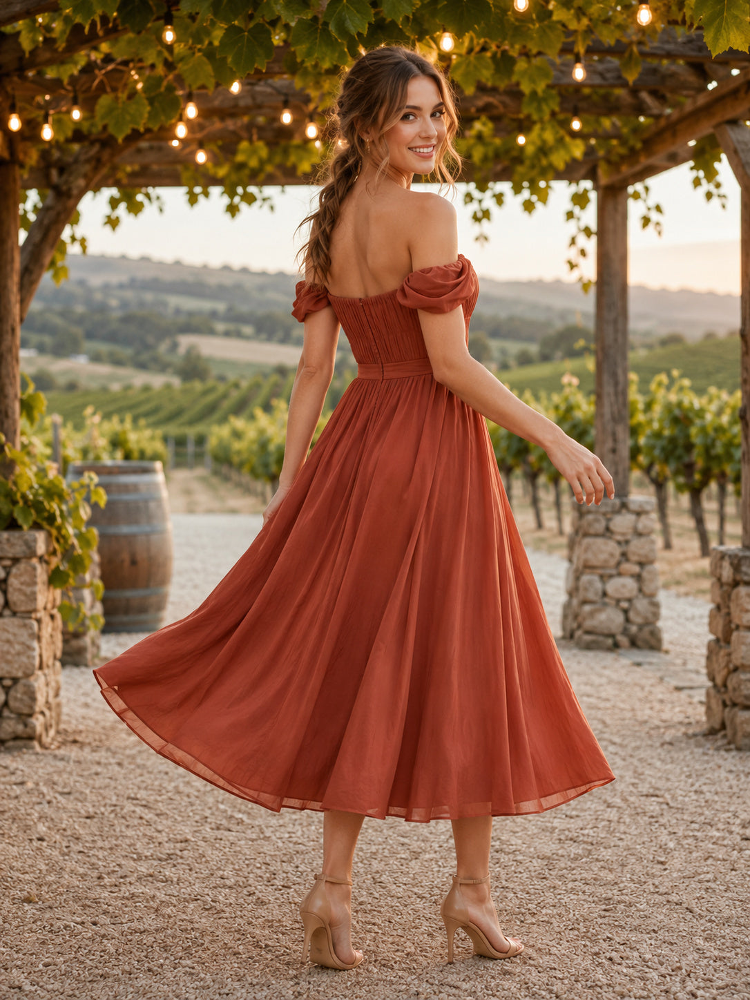 Papaya Country Vineyard Wedding Guest Cocktail Dress A-Line Tea-Length Off-Shoulder Sweetheart Neck Short Sleeve Chiffon Plea