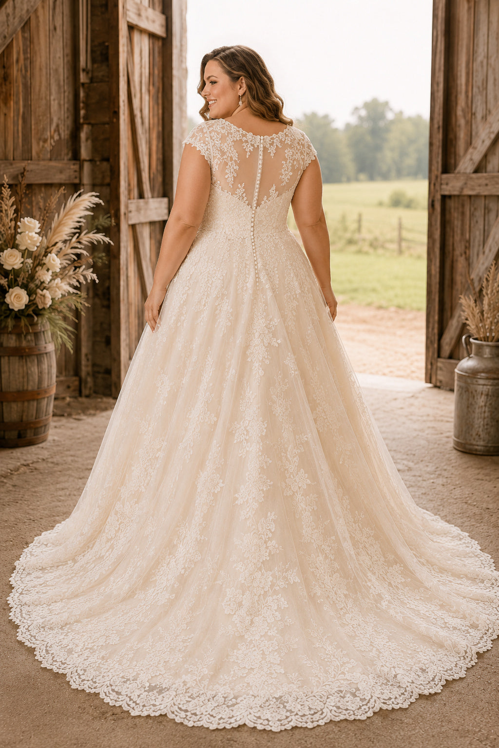 Plus Size Ivory V-Neck Cap Sleeve Lace Tulle A-Line Wedding Dress with Illusion Cap Sleeves and Lace Train back view