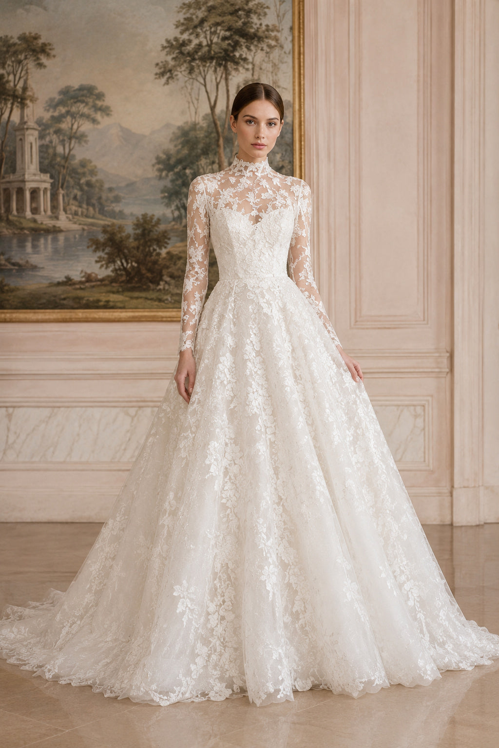 High Neck Long Sleeve Lace A-Line Wedding Dress with Chapel Train front view