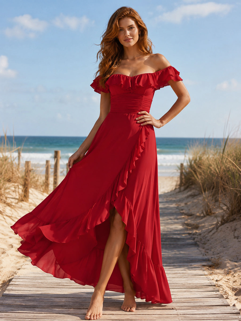 Red Off Shoulder Ruffle Chiffon Beach Photoshoot Maxi Dress front view