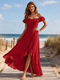 Red Off Shoulder Ruffle Chiffon Beach Photoshoot Maxi Dress front view