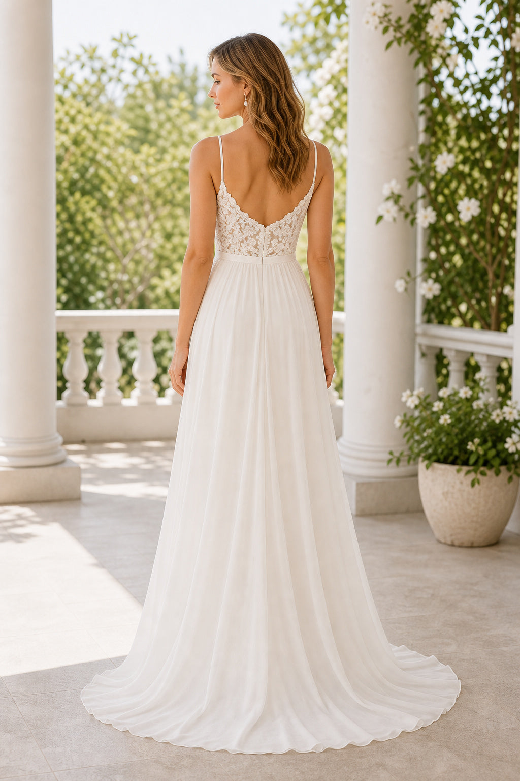 White V-neck A-Line Satin Floor-length Wedding Dress With Front Slit and Beaded Waist and Open Back Lace Hem Detail