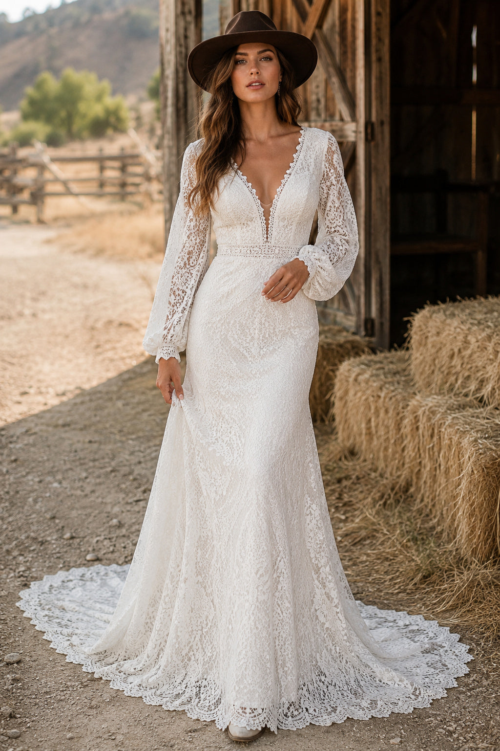 Long Sleeve V-Neck Mermaid Wedding Dress with Lace Overlay and Chapel Style Train front view